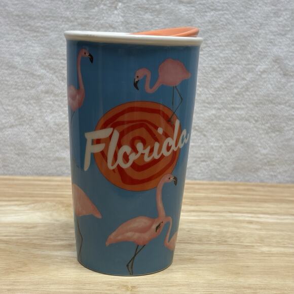 Starbucks Florida State Pink Flamingos Ceramic Travel 12 oz Tumbler Mug Cup 2015 - Picture 1 of 9